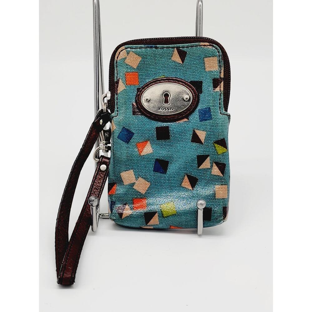 Vintage Fossil Key-Per Wristlet, Wrist Wallet, Top Zip Closure Vinyl Over Canvas